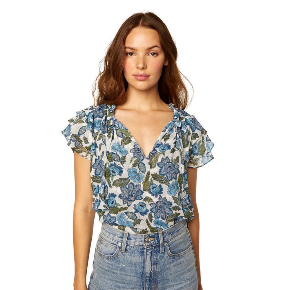 Misa Los Angeles Blue Floral Ruffle Sleeve Blouse